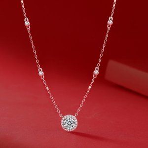 Certified 1ct. t.w. Moissanite Diamond Round Halo Chain Necklace NEW